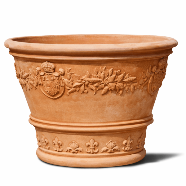 VASO ORNATO – Monumentaler Terracottatopf aus Impruneta mit kunstvollen Wappen und klassischen Ornamenten